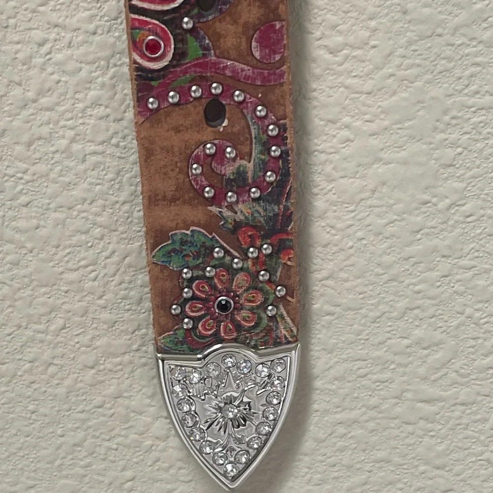 Noona Belt Co. Genuine leather bling rhinestones embroidery belt size S brown